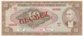 Turkey, 10 Lira, 1948, UNC, p148s, SPECIMEN
4. Emission
İsmet İnönü Portrait
Serial Number: A1 00000
Estimate: 250-500