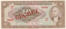 Turkey, 10 Lira, 1948, UNC, p148s, SPECIMEN
It has the word "GEÇMEZ"
4. Emission
Serial Number: A1 00000
Estimate: 250-500