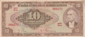 Turkey, 10 Lira, 1948, VF(-), p148, 4. Emission
Ismet Inonu Portrait with Papon
Slightly stained.
Serial Number: B34 008571
Estimate: 100-200