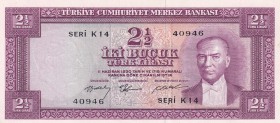 Turkey, 2 1/2 Lira, 1955, UNC, p151, 5. Emission
Natural
K14 is the rarest prefix. 2. It is the first letter of the scheme. There is a two cm dents....