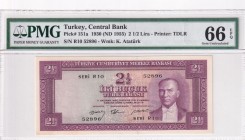 Turkey, 2 1/2 Lira, 1955, UNC, p151, 5. Emission
PMG 66 EPQ
Serial Number: R10 52896
Estimate: 750-1500