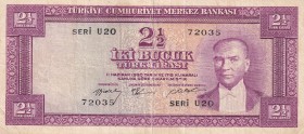 Turkey, 2 1/2 Lira, 1955, FINE(+), p151, 5. Emission
Serial Number: U20 72035
Estimate: 20-40