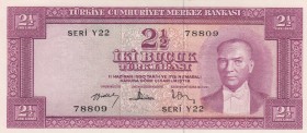 Turkey, 2 1/2 Lira, 1957, AUNC, p152, 5. Emission
Serial Number: Y22 78809
Estimate: 100-200