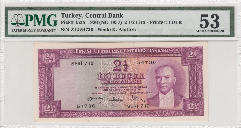 Turkey, 2 1/2 Lira, 1957, AUNC, p152, 5. Emission
PMG 53
Serial Number: Z12 54...