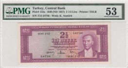 Turkey, 2 1/2 Lira, 1957, AUNC, p152, 5. Emission
PMG 53
Serial Number: Z12 54736
Estimate: 200-400