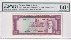 Turkey, 2 1/2 Lira, 1960, UNC, p153a, 5. Emission
PMG 66 EPQ
Serial Number: A42 36889
Estimate: 350-700