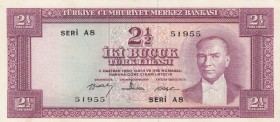 Turkey, 2 1/2 Lira, 1960, AUNC, p153, 5. Emission
Serial Number: A8 51955
Estimate: 100-200