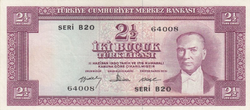 Turkey, 2 1/2 Lira, 1960, XF, p153, 5. Emission
Pressed
Serial Number: B20 640...