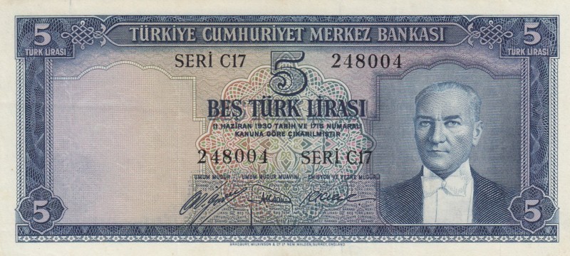 Turkey, 5 Lira, 1952, XF, p154, 5. Emission
Natural
Serial Number: C17 248004...