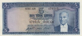 Turkey, 5 Lira, 1952, XF, p154, 5. Emission
There is a slight correction.
Serial Number: A18 479515
Estimate: 125-250