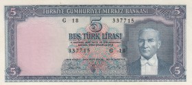 Turkey, 5 Lira, 1961, UNC, p173a, 5. Emission
There are count marks in the left and right upper corners
Serial Number: G18 337715
Estimate: 500-100...