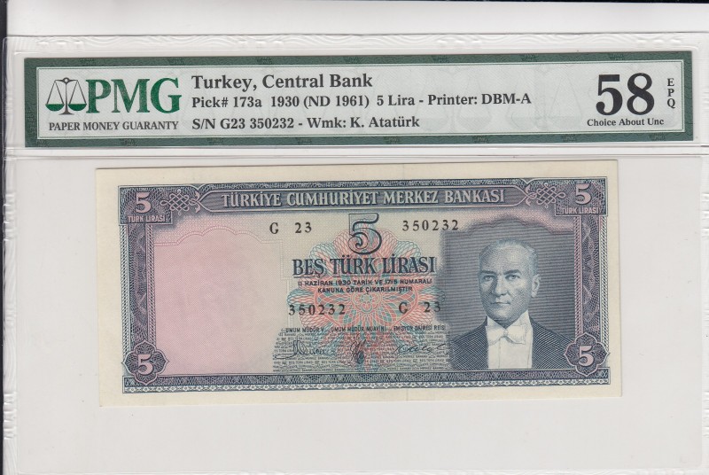 Turkey, 5 Lira, 1961, AUNC(+), p173a, 5. Emission
PMG 58 EPQ
Serial Number: G2...