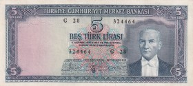 Turkey, 5 Lira, 1961, VF, p173a, 5. Emission
Mustafa Kemal Atatürk Portrait
Pressed
Serial Number: G28 324464
Estimate: 20-40