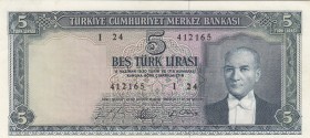 Turkey, 5 Lira, 1965, UNC, p174a, 5. Emission
There is a counting mark in the upper left corner
Serial Number: I24 412165
Estimate: 300-600