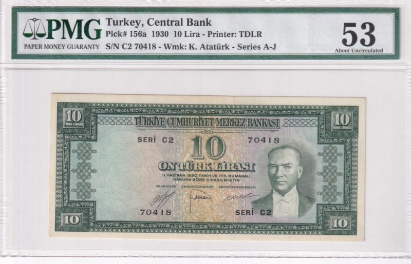 Turkey, 10 Lira, 1952, AUNC, p156a, 5. Emission
PMG 53
Serial Number: C2 70418...