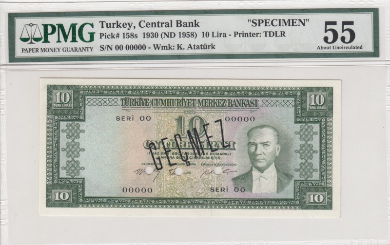 Turkey, 10 Lira, 1958, AUNC, p158s, SPECIMEN
PMG 55
Serial Number: 00 00000
E...