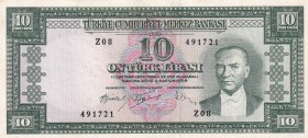 Turkey, 10 Lira, 1960, UNC, p159, 5. Emission
Serial Number: Z08 491721
Estimate: 500-1000