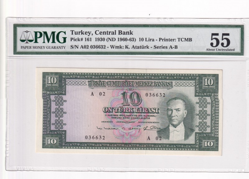 Turkey, 10 Lira, 1960/1963, AUNC, p161, 5. Emission
PMG 55
Serial Number: A02 ...