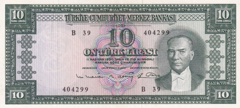 Turkey, 10 Lira, 1963, XF, p161, 5. Emission
Pressed
Serial Number: B39 404299...