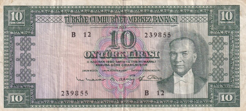 Turkey, 10 Lira, 1963, VF, p161, 5. Emission
Natural
Serial Number: B12 239855...