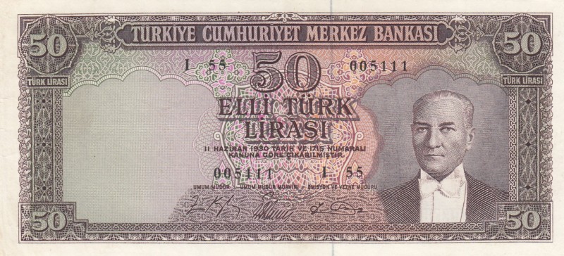 Turkey, 50 Lira, 1964, AUNC, p175a, 5. Emission
Pressed
Serial Number: I55 005...