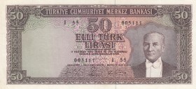 Turkey, 50 Lira, 1964, AUNC, p175a, 5. Emission
Pressed
Serial Number: I55 005111
Estimate: 75-150