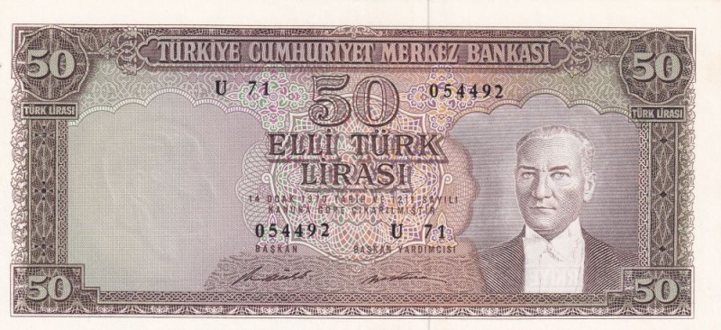 Turkey, 50 Lira, 1971, UNC, p187A, 5. Emission
Serial Number: U71 054492
Estim...