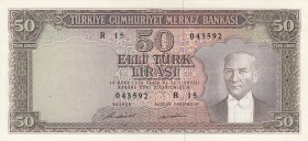Turkey, 50 Lira, 1971, AUNC, p187A, 5. Emission
Natural
Serial Number: R15 043592
Estimate: 50-100
