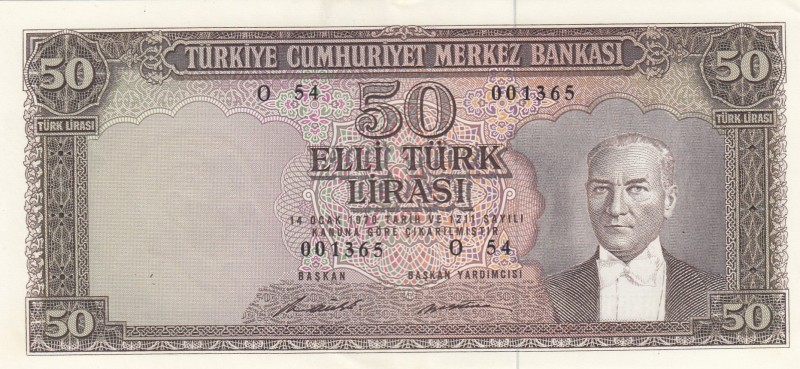 Turkey, 50 Lira, 1971, AUNC, p187A, 5. Emission
Natural
Serial Number: O54 001...