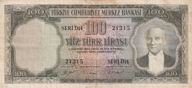 Turkey, 100 Lira, 1952, FINE(+), p167, 5. Emission
There is very little opening.
Serial Number: D14 21315
Estimate: 20-40