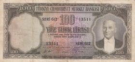 Turkey, 100 Lira, 1952, FINE, p167, 5. Emission
There are wear on the edges of the border.
Serial Number: G12 13511
Estimate: 20-40