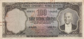 Turkey, 100 Lira, 1956, VF, p168, 5. Emission
There is a ballpoint pen on the back.
There are rust stains
Serial Number: İ1 04465
Estimate: 150-30...