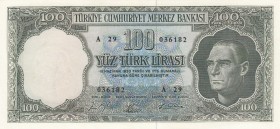 Turkey, 100 Lira, 1964, AUNC, p177, 5. Emission
There is a slight correction.
Serial Number: A29 036182
Estimate: 200-400
