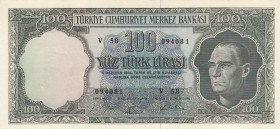 Turkey, 100 Lira, 1964, XF(-), p177, 5. Emission
Pressed
Serial Number: V58 094081
Estimate: 75-150