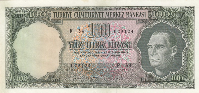 Turkey, 100 Lira, 1969, AUNC(+), p182, 5. Emission
Natural
Serial Number: F34 ...