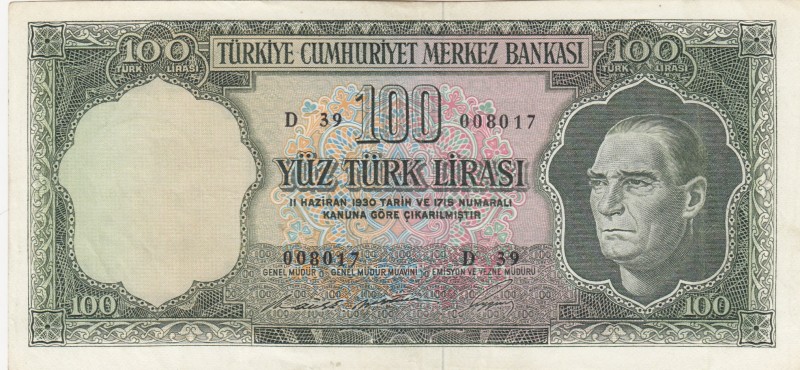 Turkey, 100 Lira, 1969, XF, p182, 5. Emission
Serial Number: D39 008017
Estima...