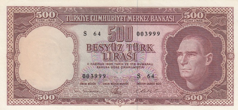 Turkey, 500 Lira, 1962, AUNC(+), p178a, 5. Emission
There is a slight correctio...