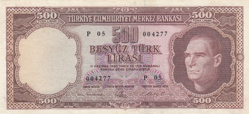 Turkey, 500 Lira, 1962, XF, p178a, 5. Emission
Pressed
Serial Number: P05 0042...