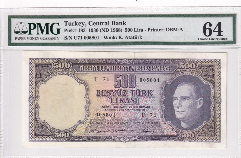 Turkey, 500 Lira, 1968, UNC, p183, 5. Emission
PMG 64 EPQ
Serial Number: U71 0...