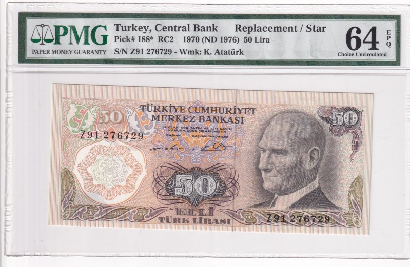 Turkey, 50 Lira, 1976, UNC, p188*, REPLACEMENT
PMG 64 EPQ
Serial Number: Z91 2...