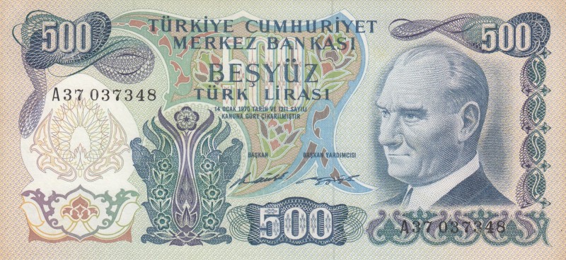 Turkey, 500 Lira, 1971, XF(+), p190a, 6. Emission
Pressed
Serial Number: A37 0...