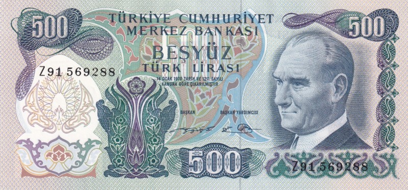 Turkey, 500 Lira, 1974, UNC, p190e, REPLACEMENT
6. Emission
Serial Number: Z91...