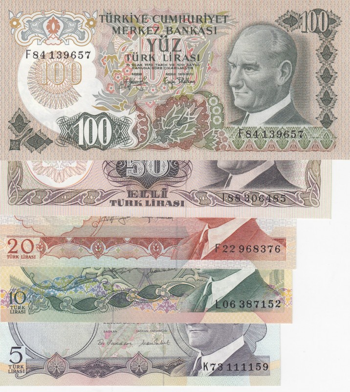 Turkey, 5-10-20-50-100 Lira, 6. Emission
5 Lira, 1968, UNC, p179; 10 Lira, 1975...