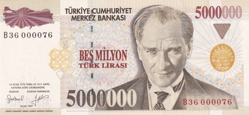 Turkey, 5.000.000 Türk Lirası, 1997, UNC, p210a, 7. Emission
First 100 Serial N...