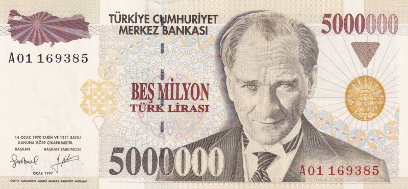 Turkey, 5.000.000 Lira, 1997, UNC, p210a, 7. Emission
"A01" prefix
Serial Numb...