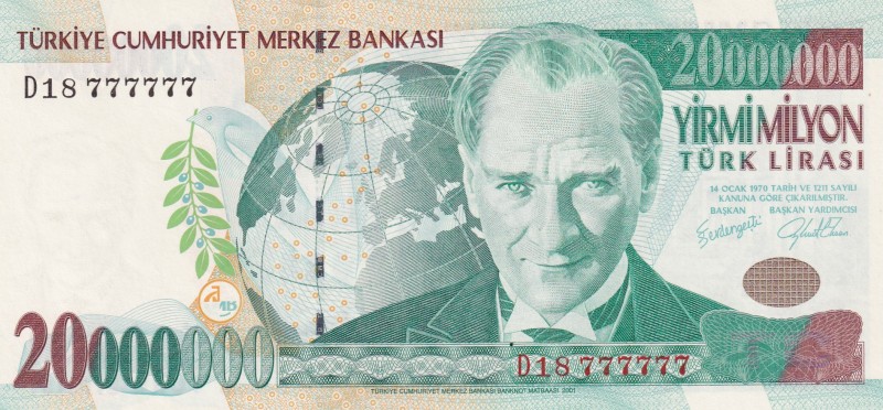 Turkey, 20.000.000 Lira, 2001, UNC, p215, 7. Emission
6 Radar
Nice serial numb...