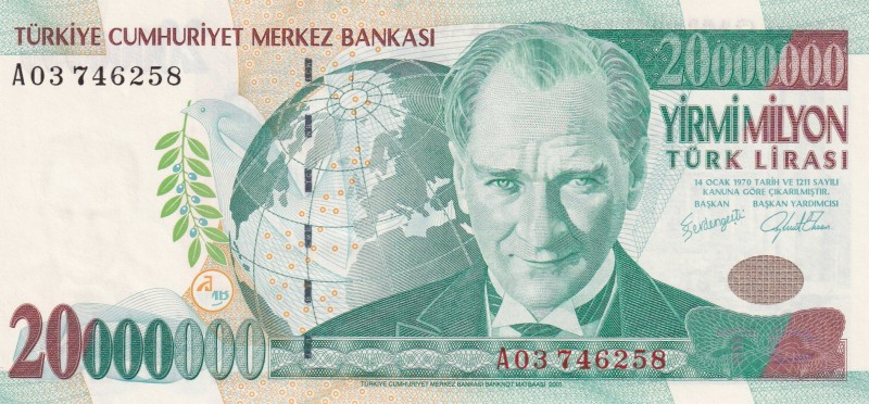 Turkey, 20.000.000 Lira, 2001, UNC, p215, 7. Emission
Serial Number: A03 746258...