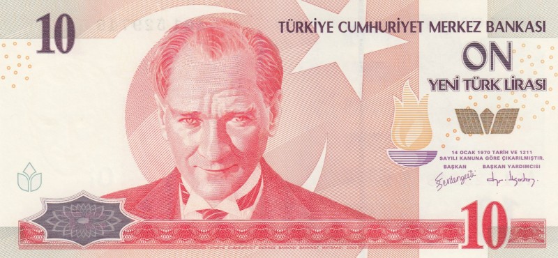 Turkey, 10 Lira, 2005, UNC, p218, 8. Emission
"A01" prefix
Serial Number: A01 ...