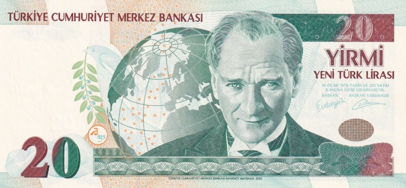 Turkey, 20 New Lira, 2005, UNC, p219, 8. Emission
Serial Number: B31 577172
Es...