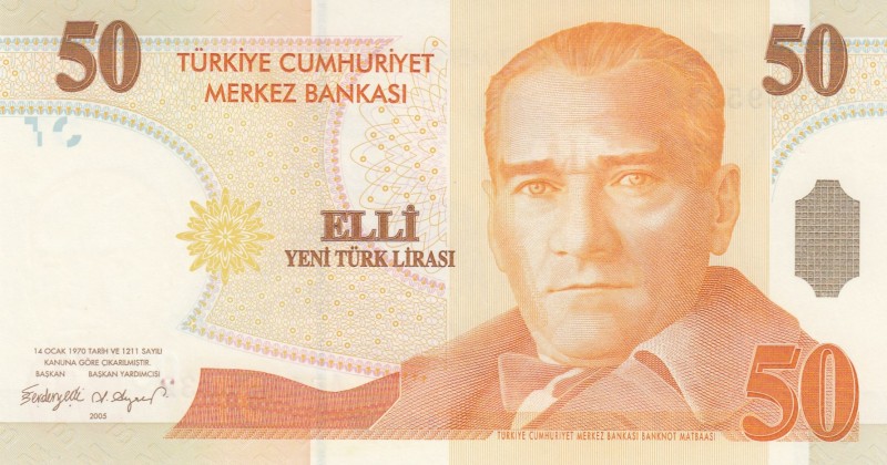 Turkey, 50 Lira, 2005, UNC, p220, 8. Emission
"A01" prefix
Serial Number: A01 ...